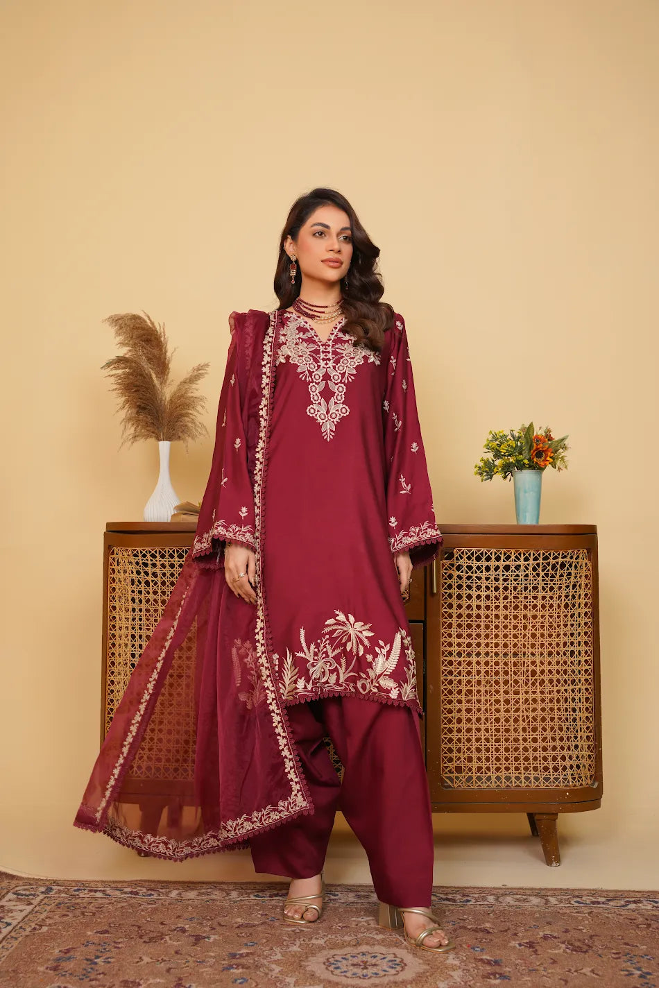 Crimson – Embroidered Viscose Katan Suit with Organza Dupatta