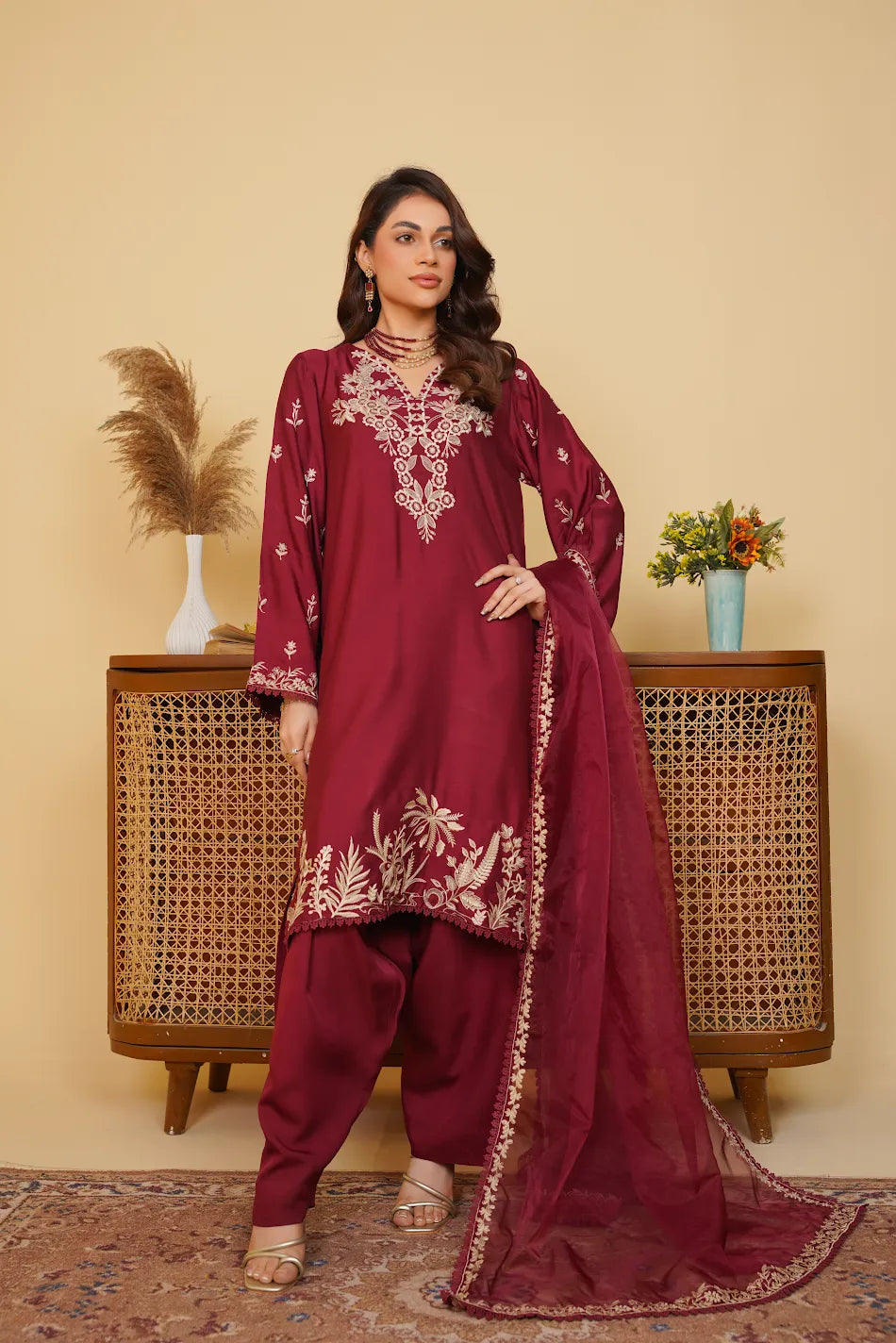 Crimson – Embroidered Viscose Katan Suit with Organza Dupatta