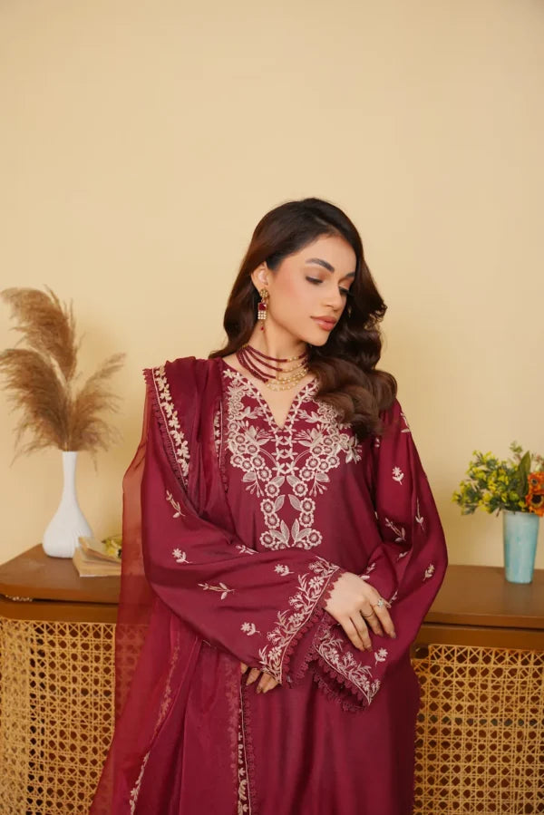 Crimson – Embroidered Viscose Katan Suit with Organza Dupatta
