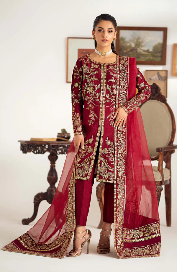 Dark Maroon Viscose Katan Suit with Organza Dupatta