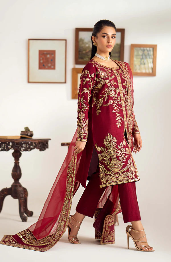 Dark Maroon Viscose Katan Suit with Organza Dupatta