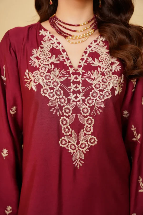 Crimson – Embroidered Viscose Katan Suit with Organza Dupatta