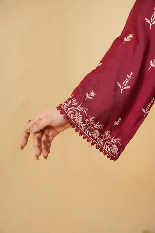 Crimson – Embroidered Viscose Katan Suit with Organza Dupatta