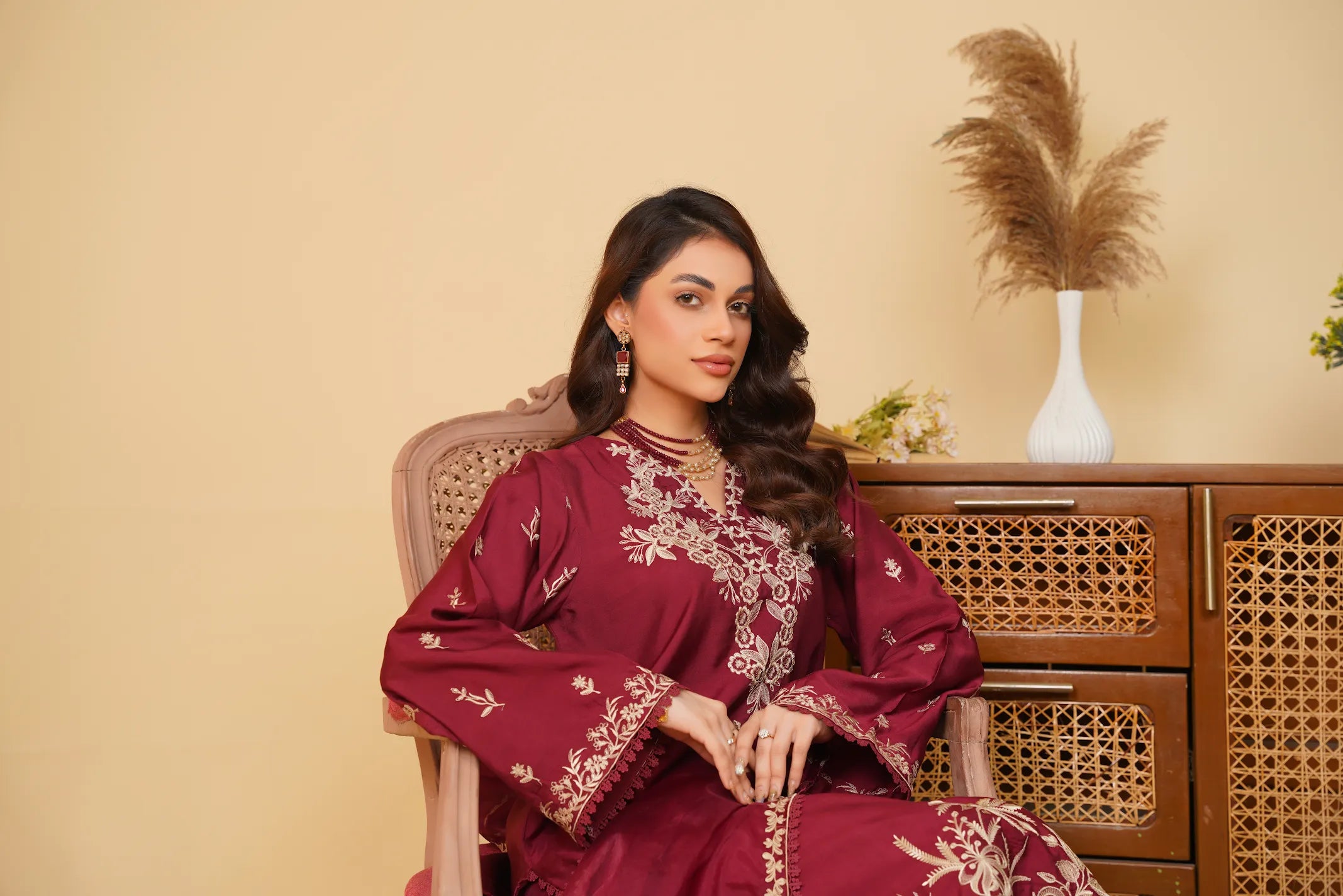 Crimson – Embroidered Viscose Katan Suit with Organza Dupatta