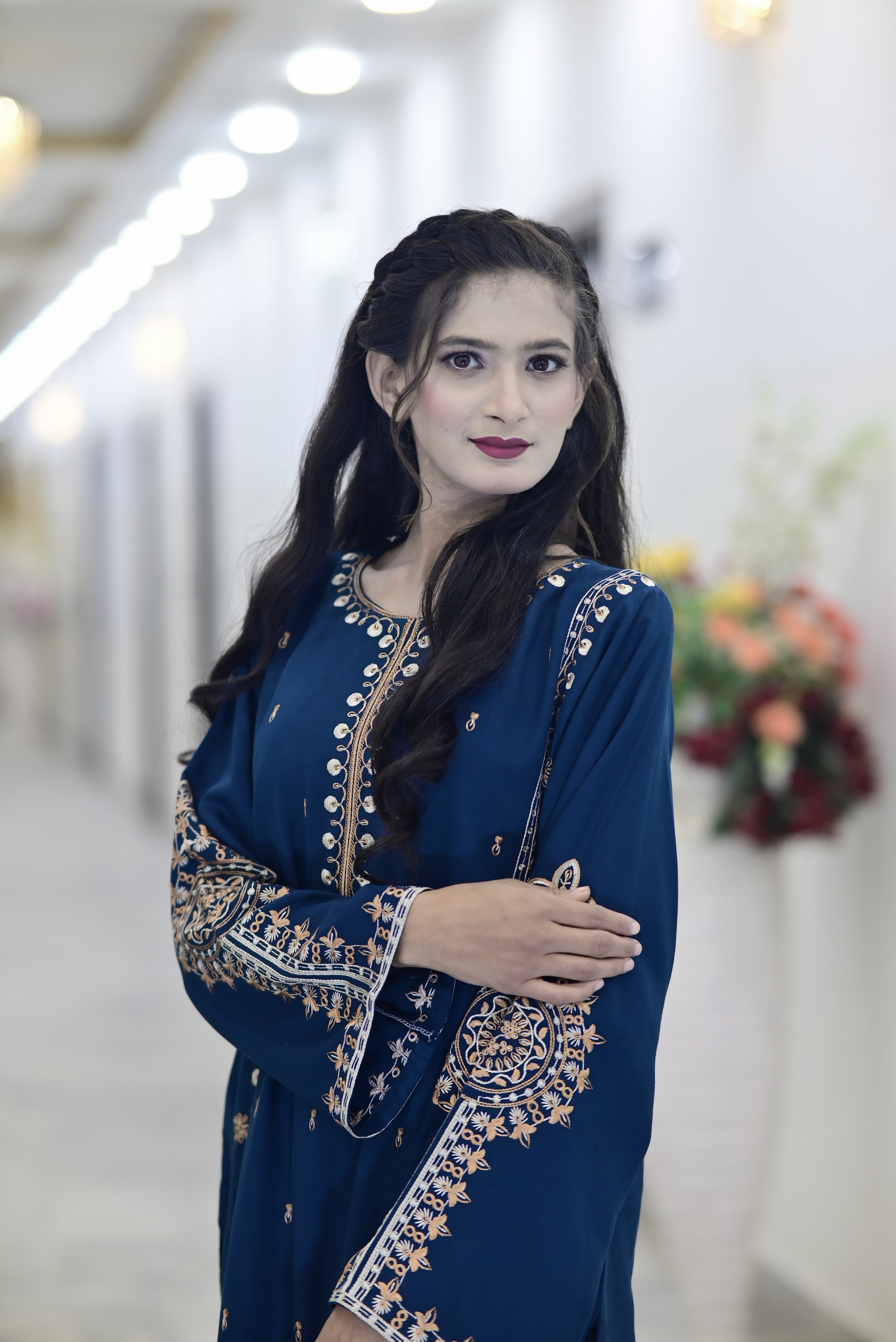2PC Karndi  Embroidered Suitlong shirt adorned with intricate embroidery on the front and detailed embroidery on loose sleeves