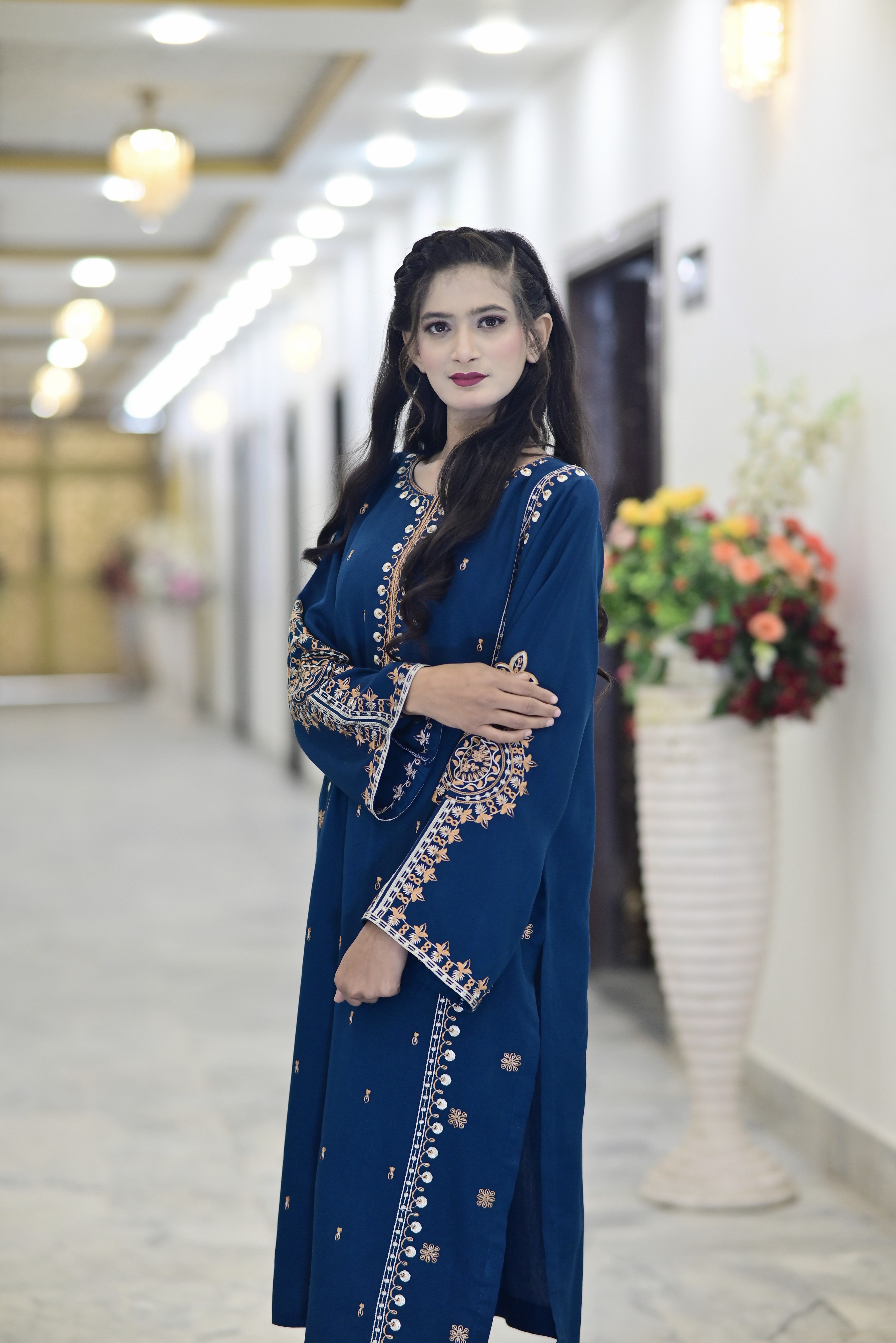 2PC Karndi  Embroidered Suitlong shirt adorned with intricate embroidery on the front and detailed embroidery on loose sleeves