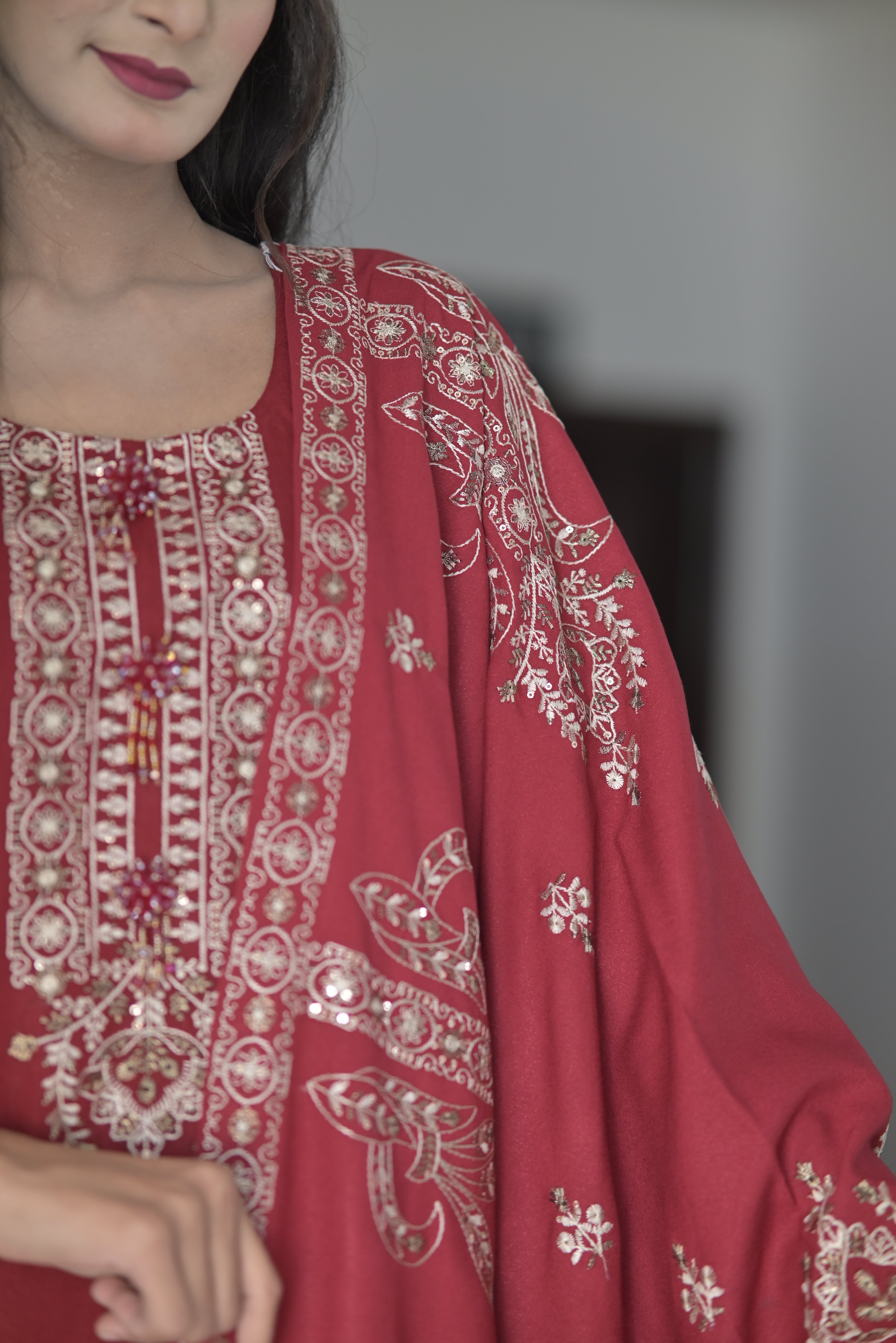 3 pcs mahroon Karandi fabric with shawal