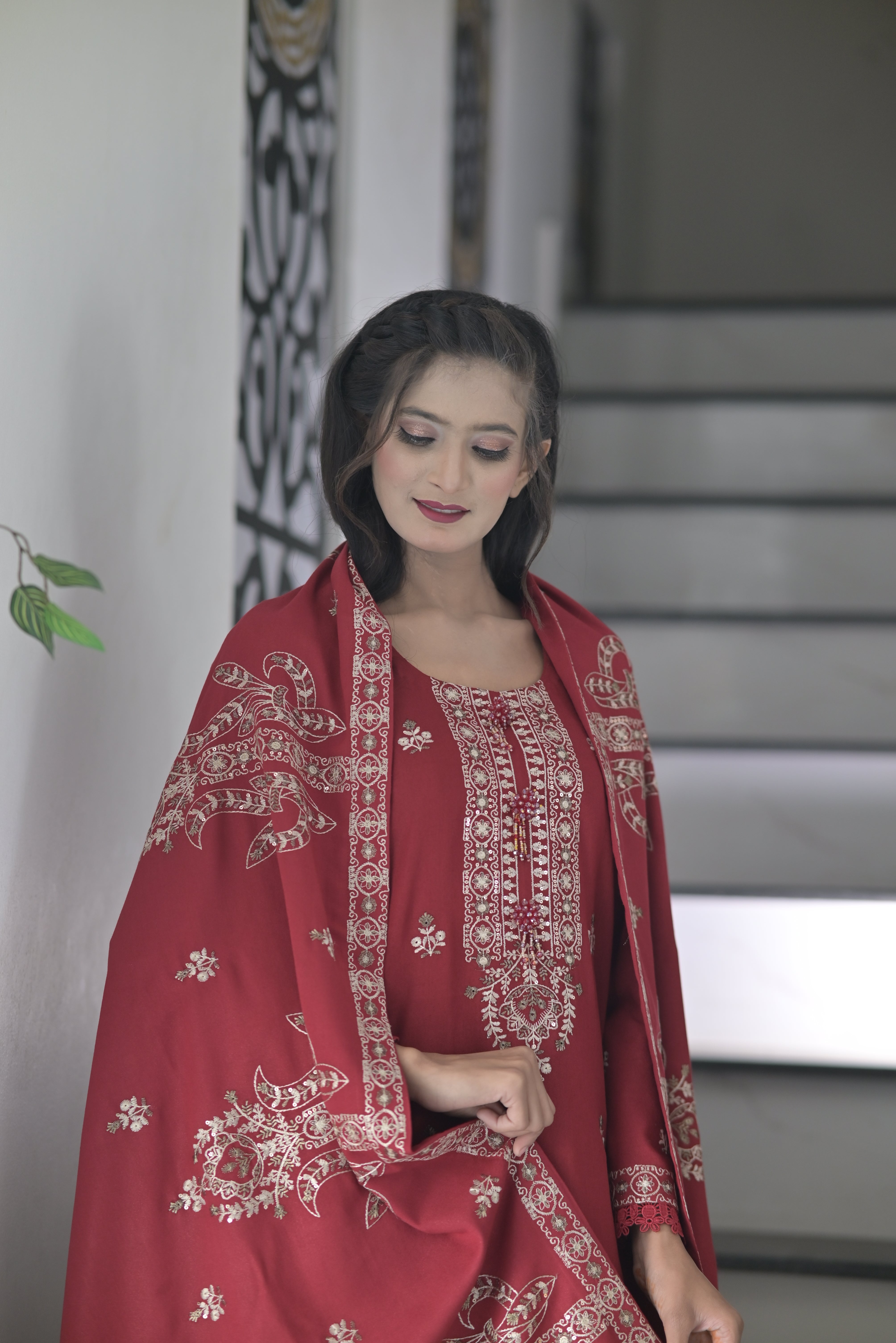 3 pcs mahroon Karandi fabric with shawal