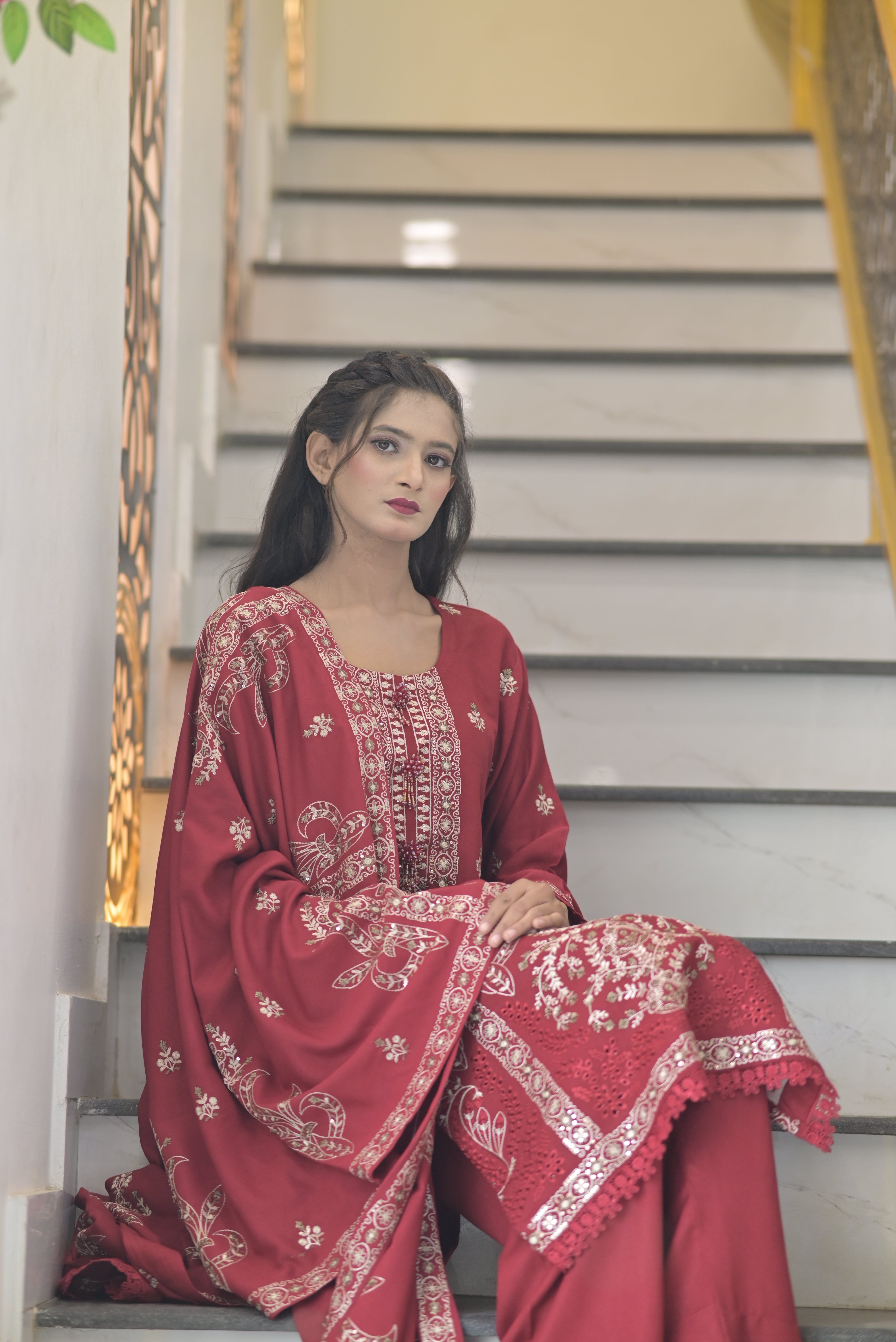 3 pcs mahroon Karandi fabric with shawal