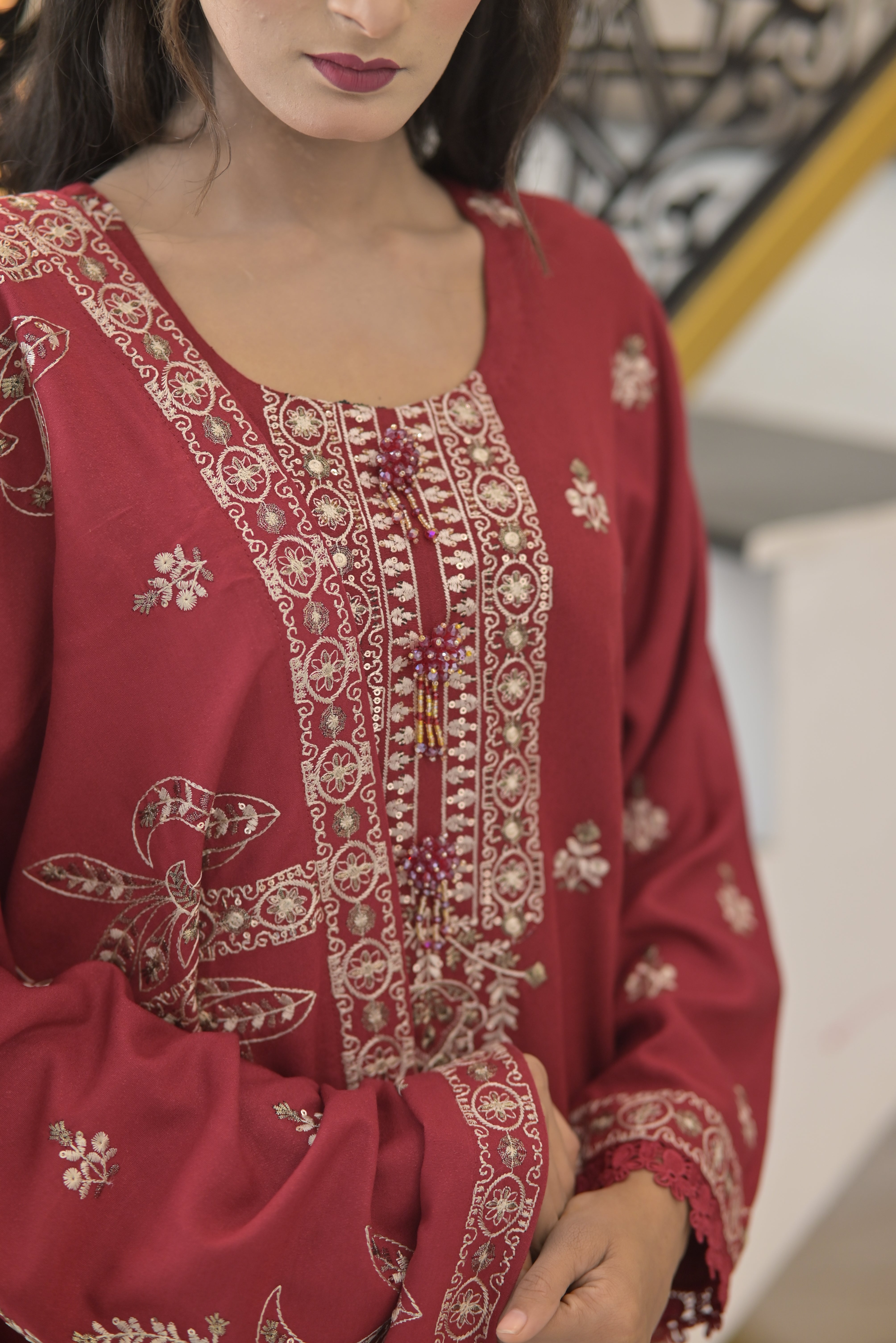 3 pcs mahroon Karandi fabric with shawal