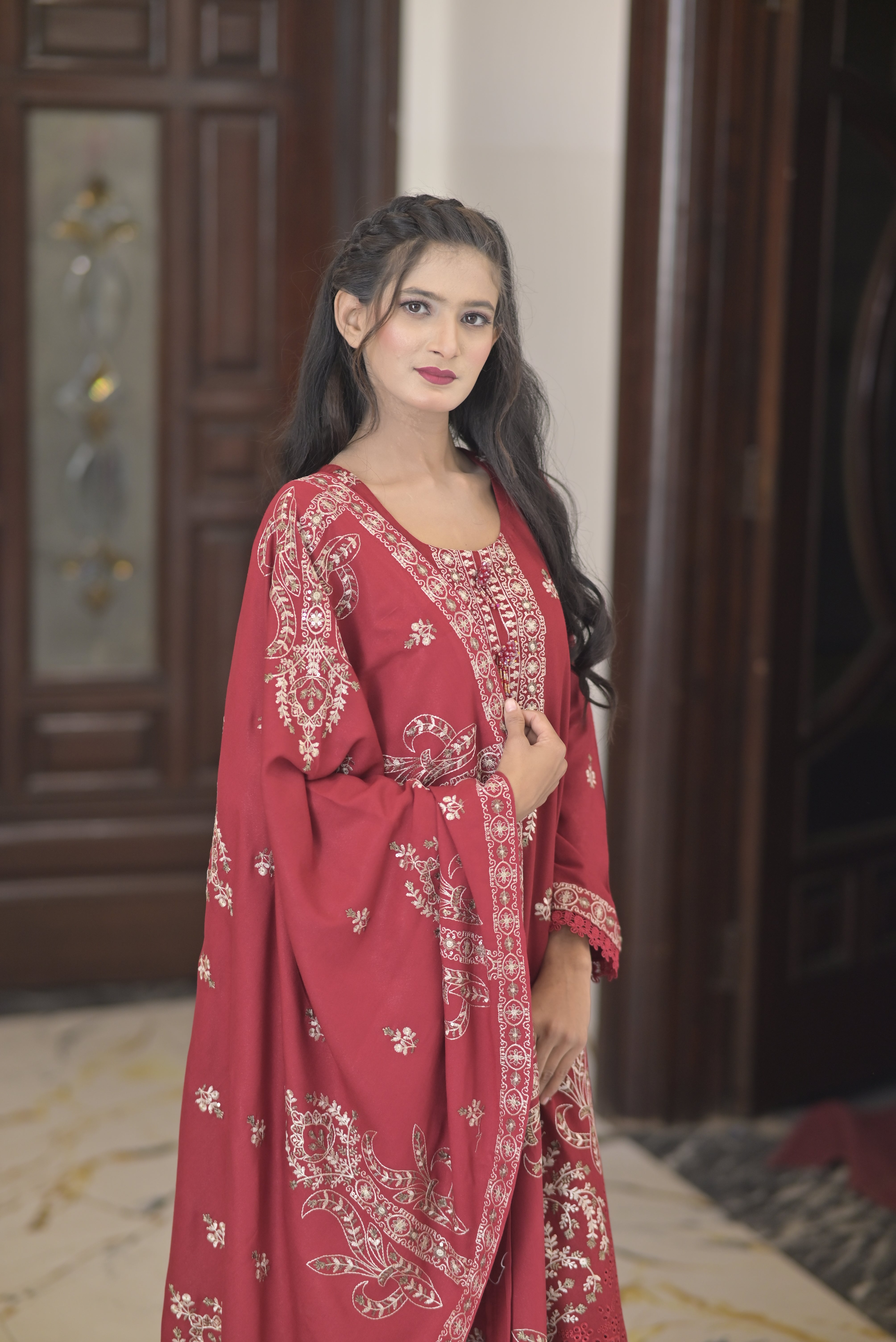 3 pcs mahroon Karandi fabric with shawal