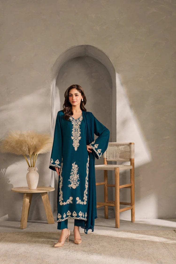 VINTAGE-3PC DHANAK EMBROIDERED SHIRT WITH BAMBER CHIFFON DUPATTA AND TROUSER