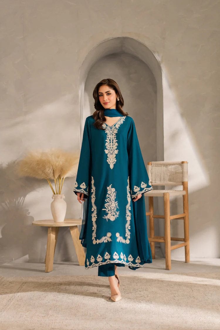 VINTAGE-3PC DHANAK EMBROIDERED SHIRT WITH BAMBER CHIFFON DUPATTA AND TROUSER