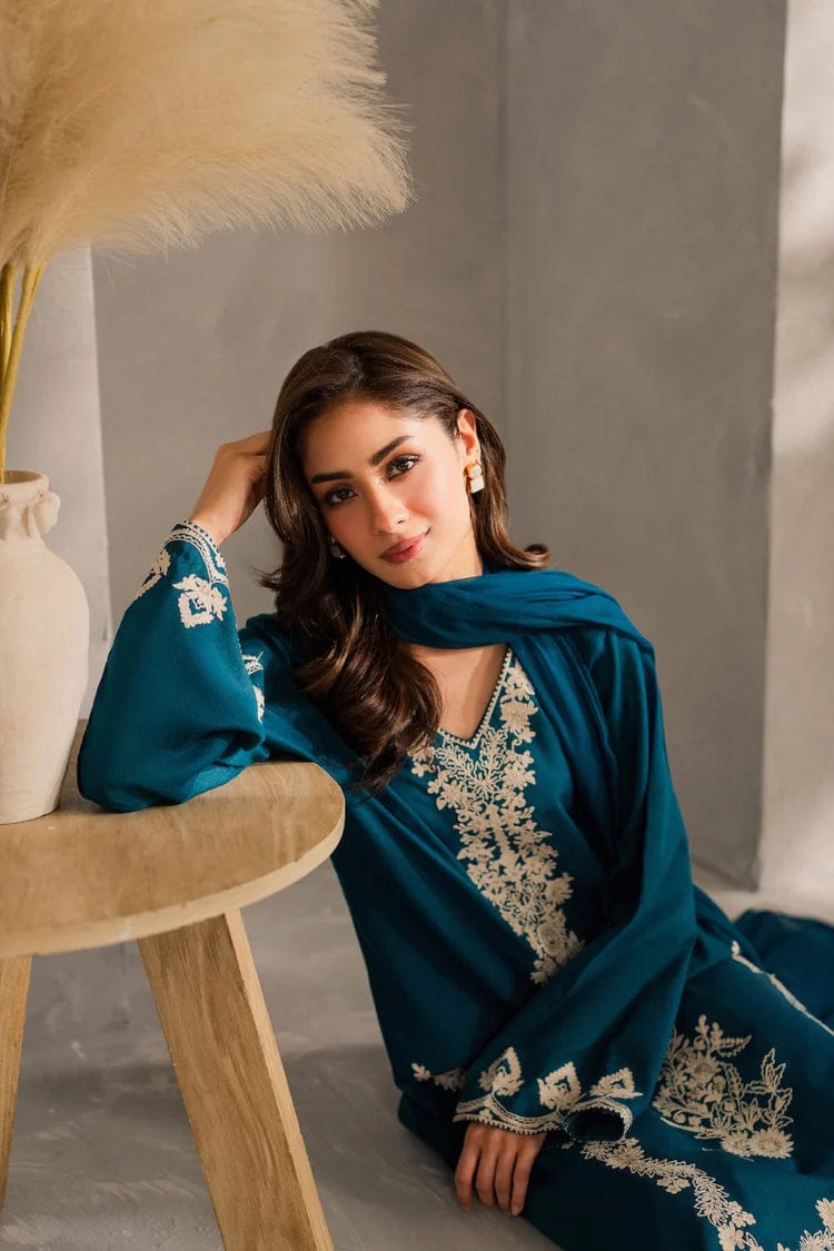 VINTAGE-3PC DHANAK EMBROIDERED SHIRT WITH BAMBER CHIFFON DUPATTA AND TROUSER
