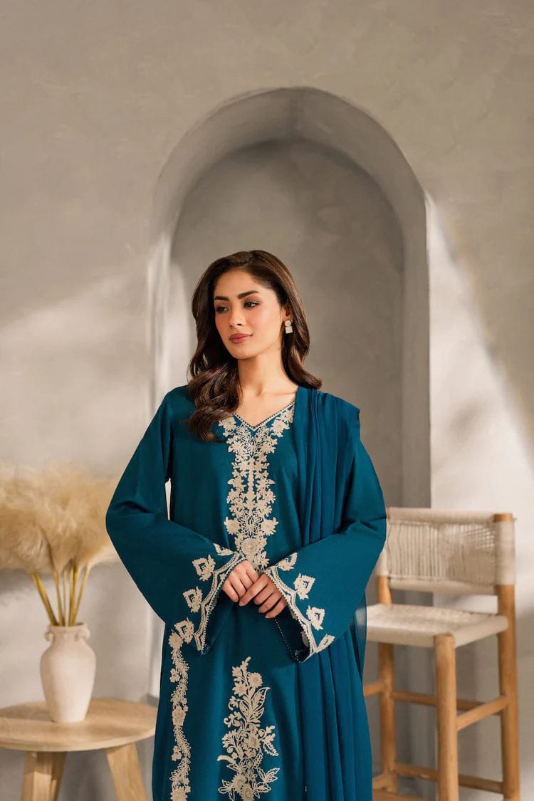 VINTAGE-3PC DHANAK EMBROIDERED SHIRT WITH BAMBER CHIFFON DUPATTA AND TROUSER