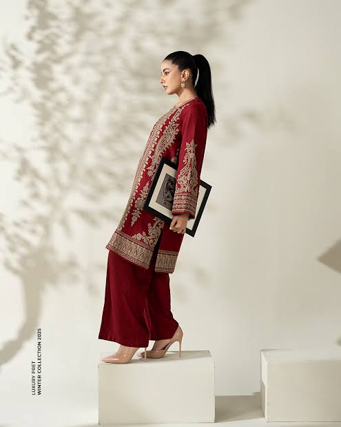 2 pcs  Red khaddar suite embroidery on high-quality fabric,