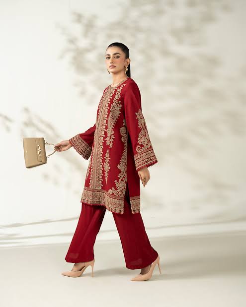 2 pcs  Red khaddar suite embroidery on high-quality fabric,