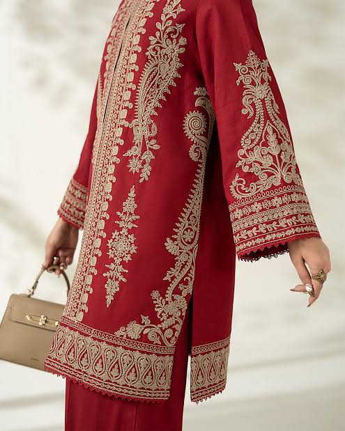 2 pcs  Red khaddar suite embroidery on high-quality fabric,