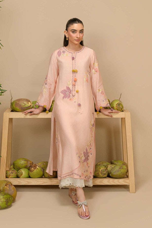 pink Khaddi silk shirt adorned with floral embroidery and an embellished neckline
