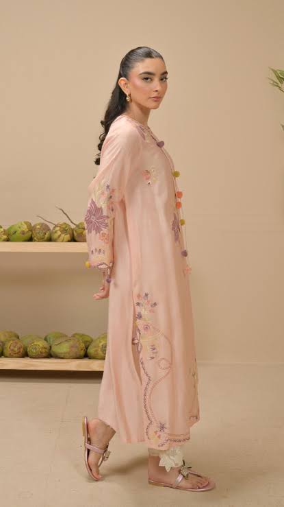 pink Khaddi silk shirt adorned with floral embroidery and an embellished neckline