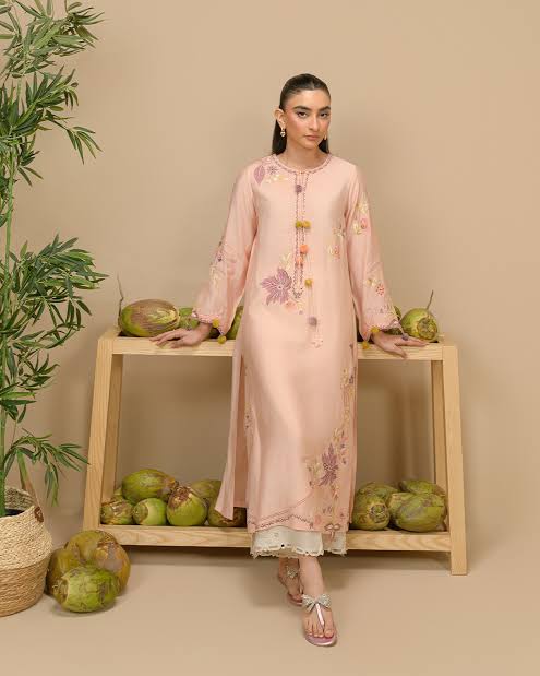 pink Khaddi silk shirt adorned with floral embroidery and an embellished neckline