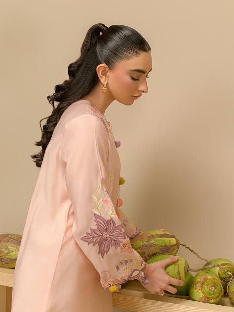 pink Khaddi silk shirt adorned with floral embroidery and an embellished neckline