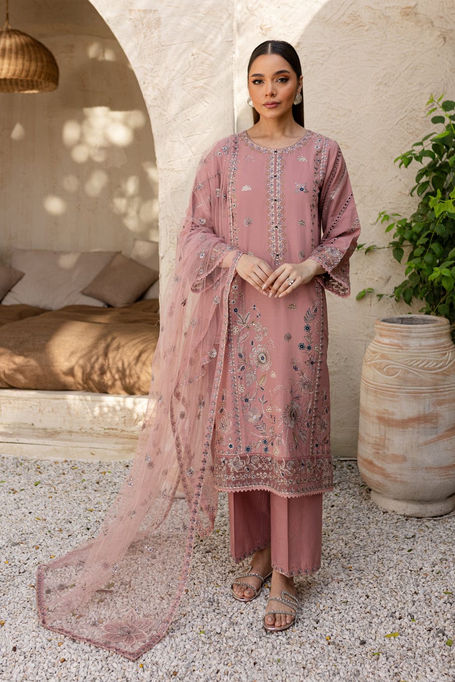3Pc Eira - Embroidered Khaddar Dress Net Dopta