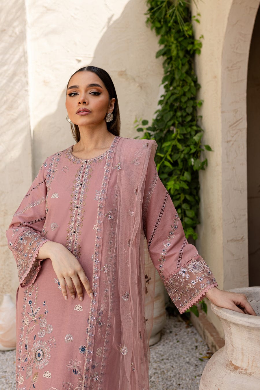 3Pc Eira - Embroidered Khaddar Dress Net Dopta