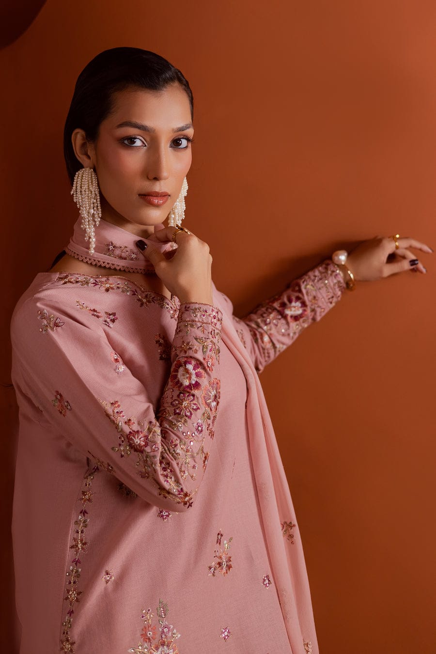 Premium Tea Zunaisha Khaddar 3-Piece Embroidered Ensemble Bamber Dupatta